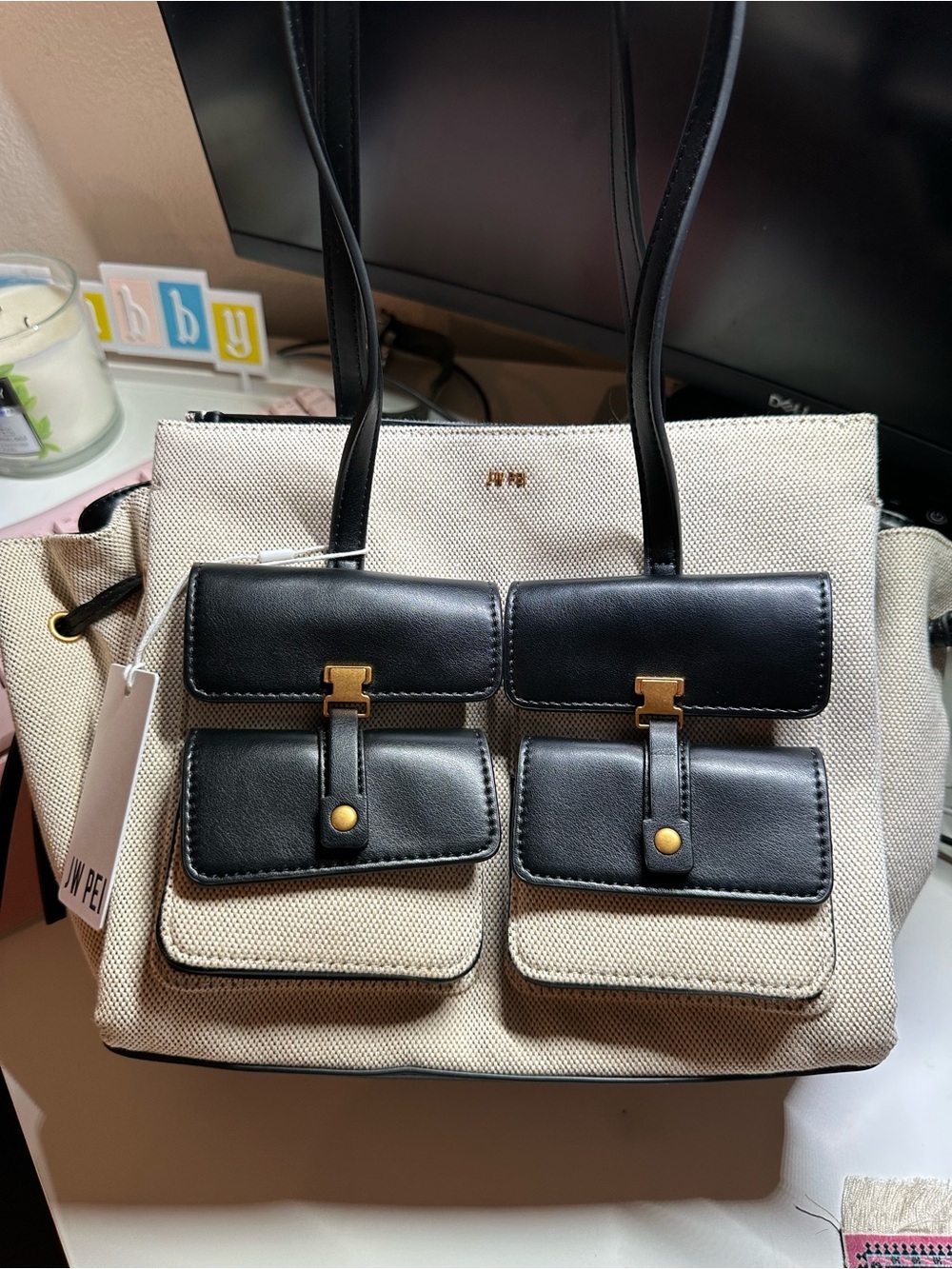 JW PEI Cream Canvas Tote with Black Leather Pocket Accents